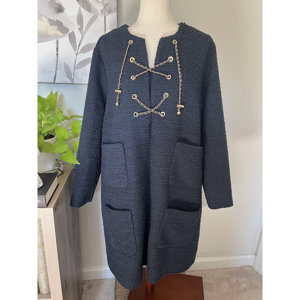 Tuckernuck Navy Tie Tweed Kelly Dress XXL Blue Chain Lace Up Pocket Midi Classic